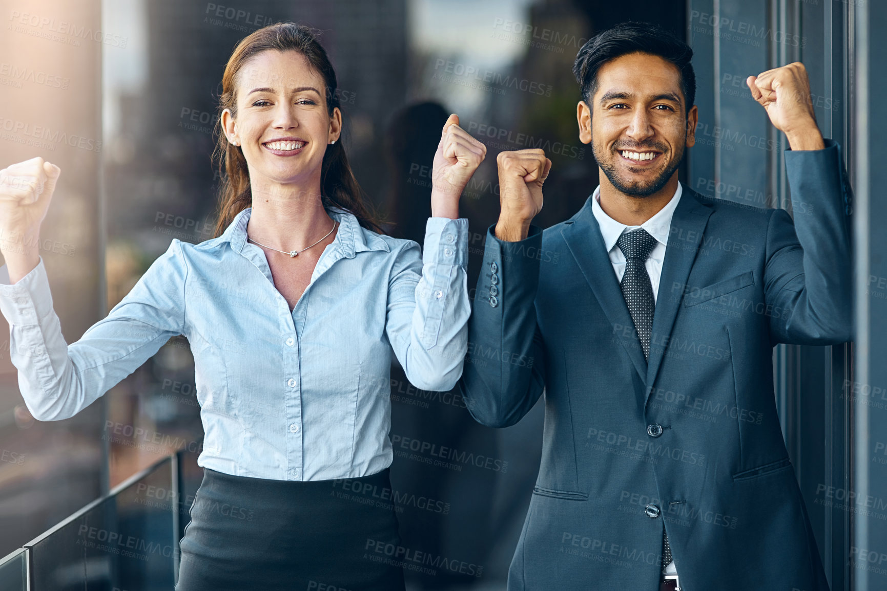 Buy stock photo Business people, teamwork and yes for success, achievement or celebration of legal case at law firm. Corporate lawyer, attorney and paralegal with fist, power and resilience with winning in portrait