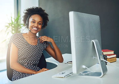 Buy stock photo Portrait of a support agent sitting at a desk in a modern office