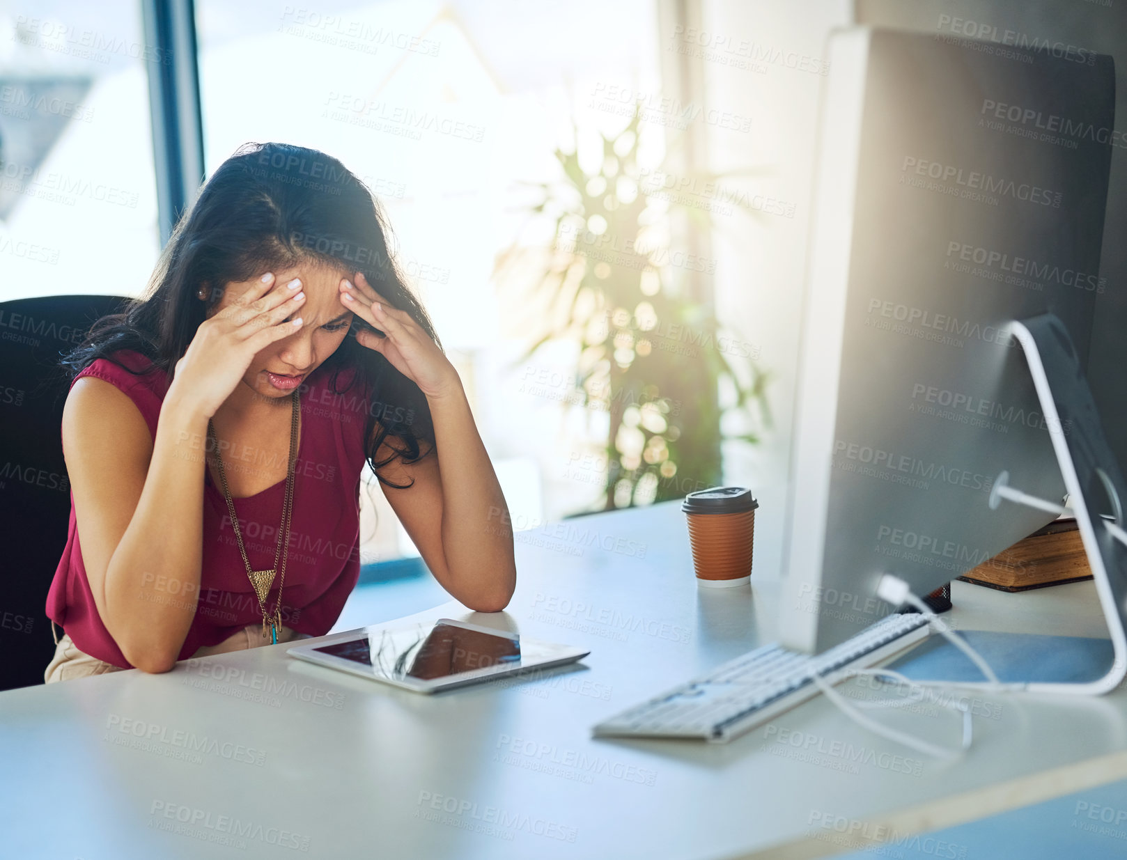Buy stock photo Frustrated, stress and burnout with business woman in office for fatigue, headache and project deadline. Anxiety, overworked and exhausted with person at desk for fail, mental health and pressure