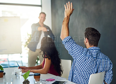 Buy stock photo Cropped shot of a businessman raising his hand in an office meeting
