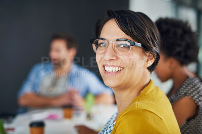 Buy stock photo Creative, workshop and portrait of woman in meeting with smile, confidence and collaboration in office. Teamwork, design and business people in conference room with employee pride and opportunity