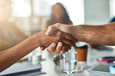 Buy stock photo Handshake, closeup and business people for collaboration success, respect or workplace welcome. Shaking hands, agreement and creative cooperation for partnership contract, teamwork or congratulations