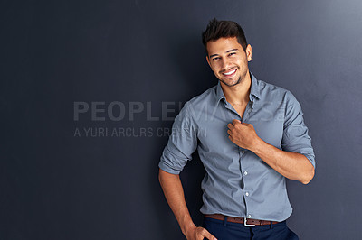 Buy stock photo Mockup, portrait and happy business man in studio confident, young and empowered against black background. Face, smile and cheerful male person with positive attitude posing on isolated copy space