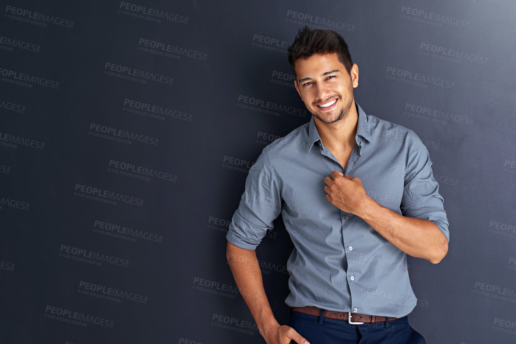 Buy stock photo Mockup, portrait and happy business man in studio confident, young and empowered against black background. Face, smile and cheerful male person with positive attitude posing on isolated copy space