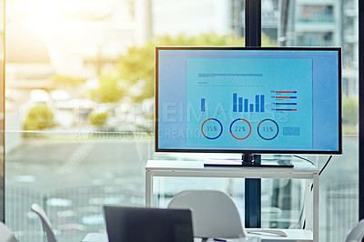 Buy stock photo Shot of graphs on a monitor inside a boardroom