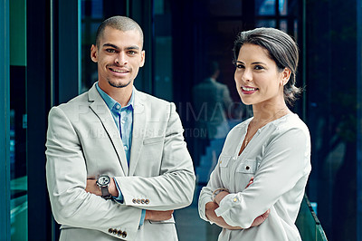 Buy stock photo Portrait of two young successful colleagues at work