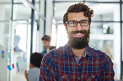 Buy stock photo Portrait, smile and business man in office, company and coworking in creative startup workplace. Face, designer and happy person with glasses, entrepreneur or professional employee working in Canada