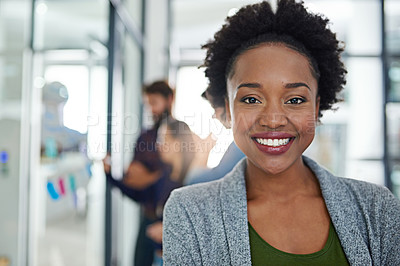 Buy stock photo Portrait, business and smile of black woman in office, company and employee coworking in creative startup. Face, professional and happy female person, entrepreneur and editor in workplace for career