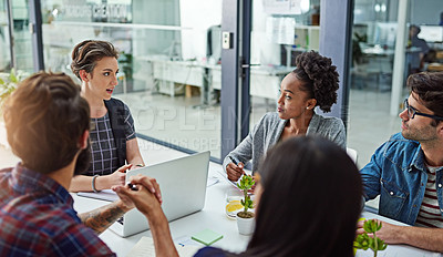 Buy stock photo Group, meeting or office with laptop for startup or colleagues, communication and brainstorming for company. Female manager, teamwork or computer for collaboration in workplace, creative or designer