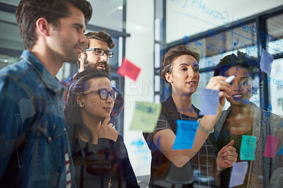 Buy stock photo Business people, glass and cooperation with brainstorming, solution and artistic idea for project schedule. Group, women and man with teamwork or company growth with planning, choice or collaboration