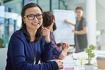Buy stock photo Portrait, business and happy Asian woman writing notes in office, meeting or coworking in creative startup workplace. Face, secretary and smile of entrepreneur with glasses or professional at table