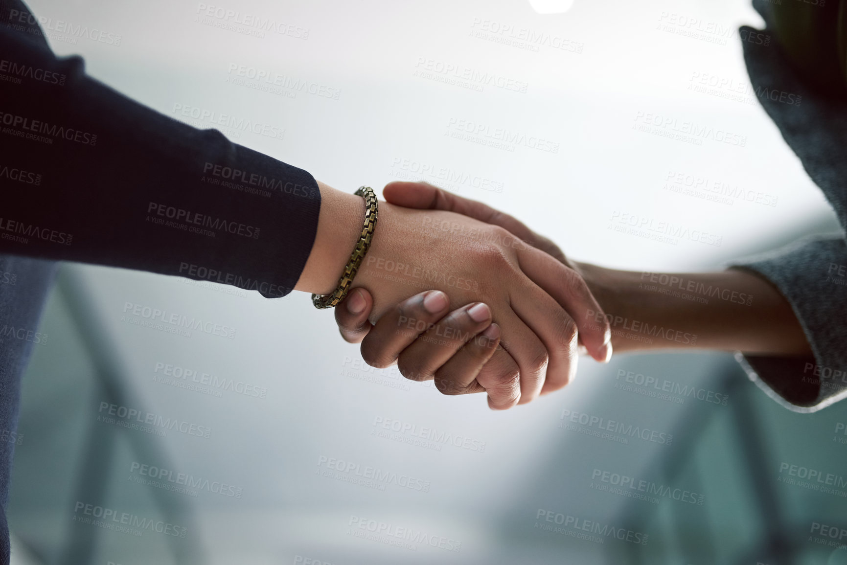 Buy stock photo Shaking hands, deal and business people in office for agreement, partnership and welcome for introduction. Recruitment, meeting and hr with candidate for onboarding or hiring handshake in workplace.