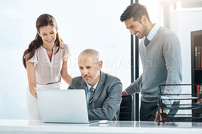 Buy stock photo Laptop, feedback and teamwork in office, smile and collaboration with employees, deal and presentation. Happy, boss and proposal in computer, men and woman in project management, corporate and job