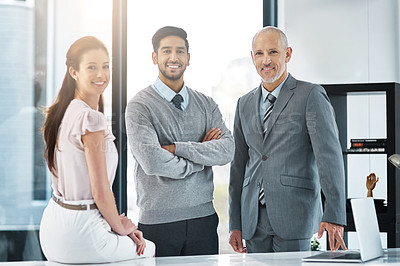 Buy stock photo Corporate, teamwork and portrait of business people in office for meeting, collaboration or partnership. Professional, employee men and woman with laptop for support, synergy or progress on project  