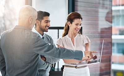 Buy stock photo Corporate staff,  laptop and office for digital information, review online report or view email. Diversity, team and tech and happy for read app, article search or collaboration for project planning