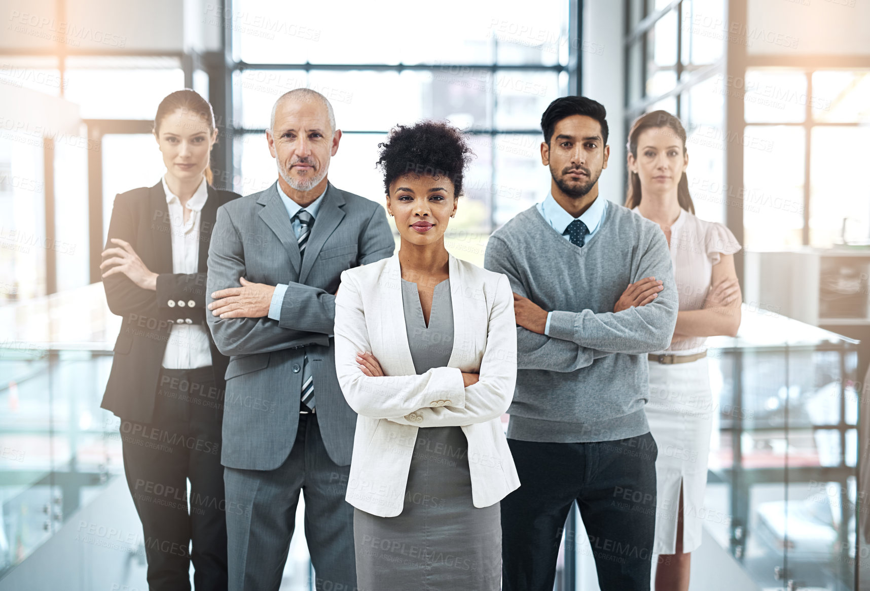 Buy stock photo Office, team and portrait of business people with arms crossed for leadership, collaboration and pride. Diversity, company and serious employee with confidence for career, commitment and partnership