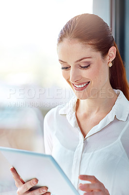 Buy stock photo Businesswoman, tablet and smile in workplace for market research, development and networking. Technology, online and study in office for startup company, project and scroll on social media.