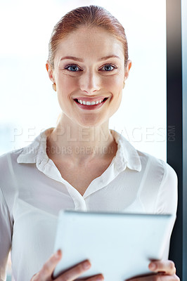 Buy stock photo Business, woman and portrait with tablet in office for corporate research, communication and happy. Professional, employee and tech with smile for networking, online information and project planning