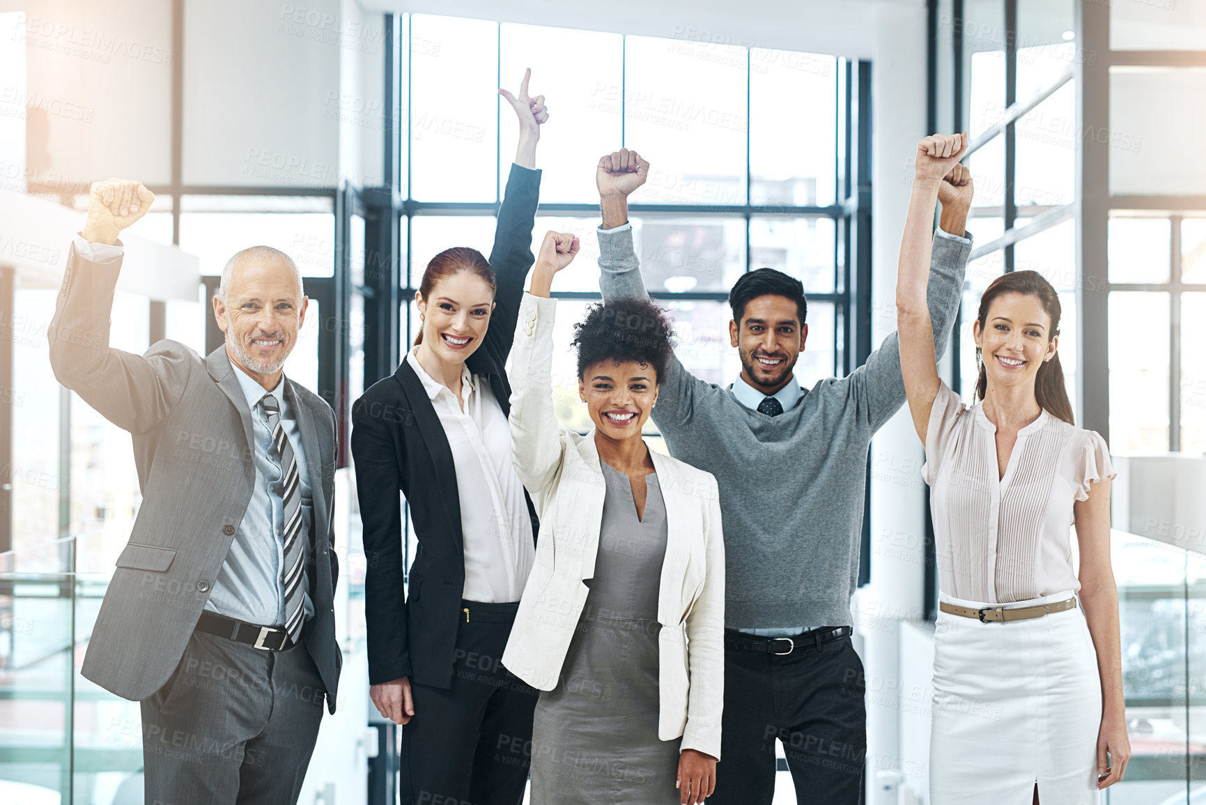 Buy stock photo Portrait of a diverse team of colleagues cheering you on at work