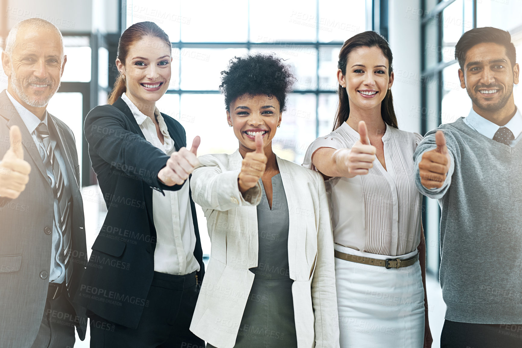 Buy stock photo Smile, portrait and business people in office with thumbs up for team building, support and pride. Corporate employees, diversity and gesture for motivation, agreement and success in partnership