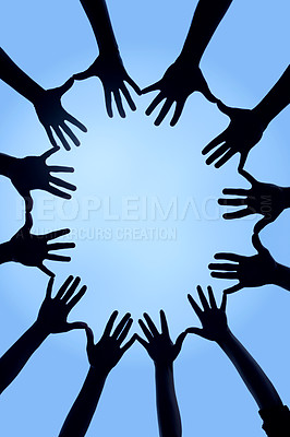 Buy stock photo Cropped shot of a group of hands spread out together in a circle