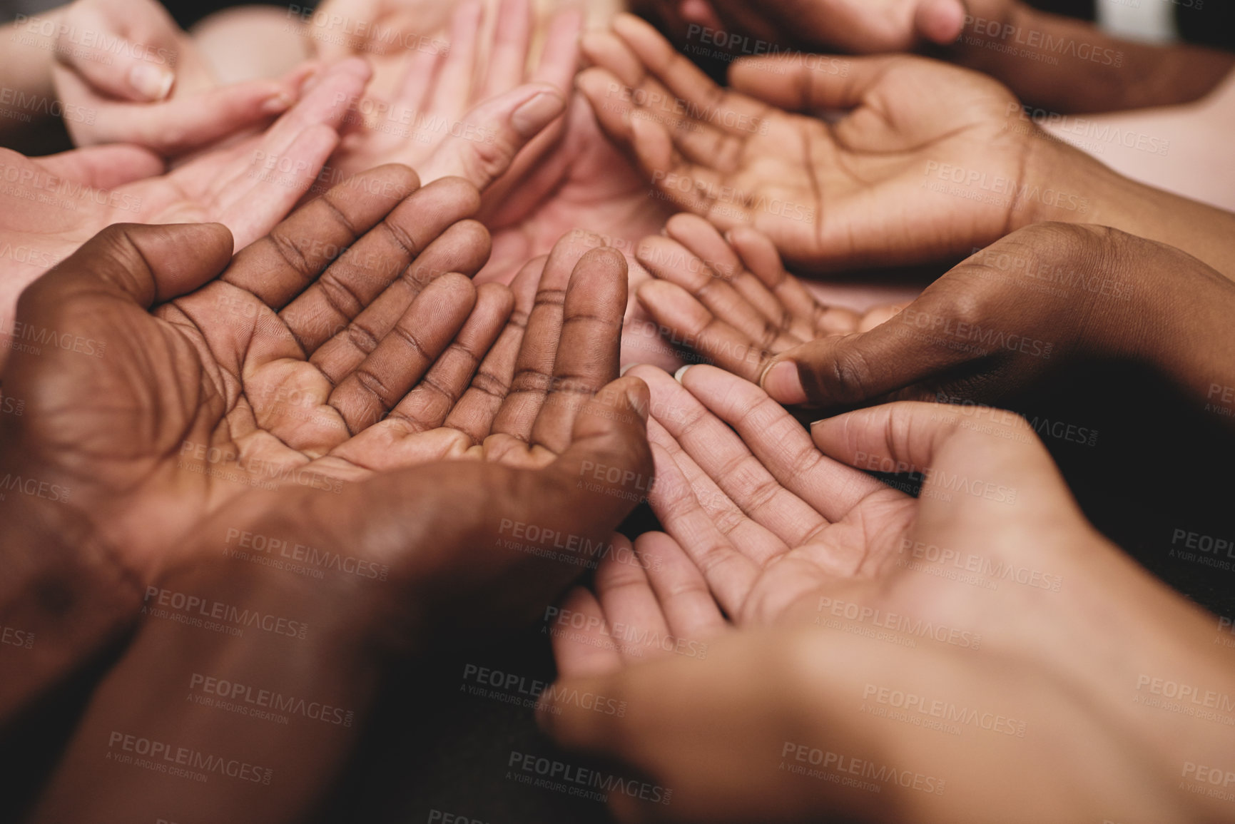 Buy stock photo Cropped shot of a group of hands held cupped out together