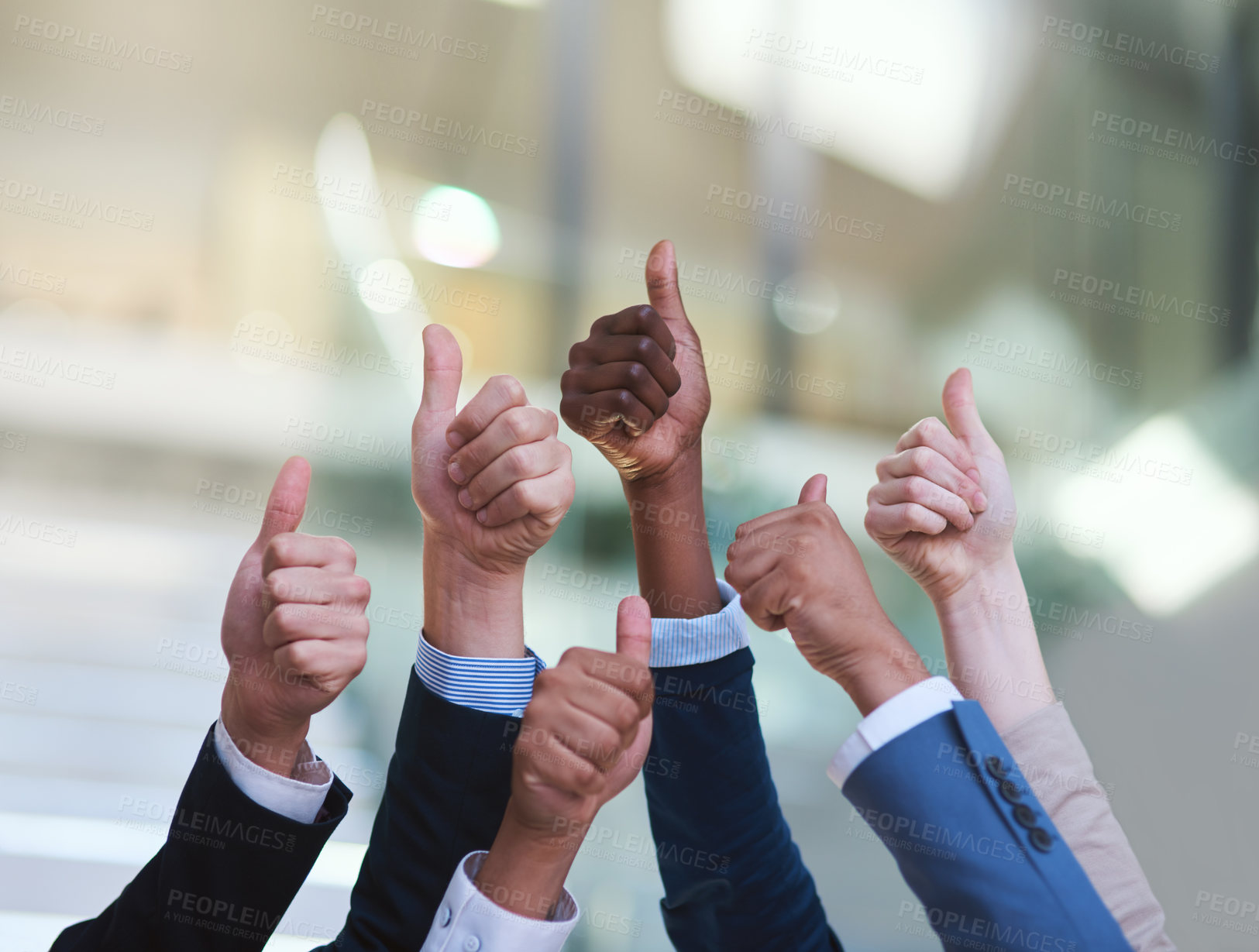 Buy stock photo Office, business and thumbs up with hands for success or good job or news, thank you and agreement for project. People, diversity and sign for approval or yes for partnership, reputation and trust.