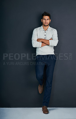 Buy stock photo Studio, fashion and portrait of man with arms crossed for trendy clothes, business style or pride. Male person, serious and relax with confidence for professional, outfit and pose on black background