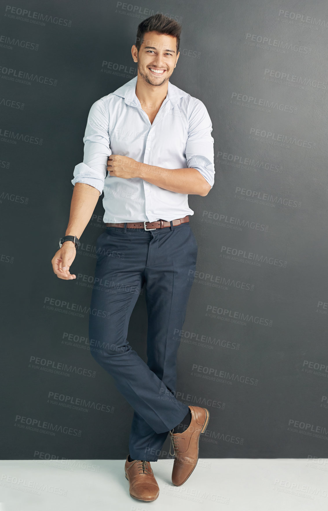 Buy stock photo Businessman, portrait and studio background with smile in fashion for entrepreneur, employee or professional. Male worker, happy and confident in formal wear for creative career, designer or editor