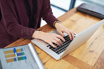 Buy stock photo Business, person and hands with laptop in office to analyse income chart or strategy graph tor review financial report. Corporate, people and paper for research with statistics for company growth