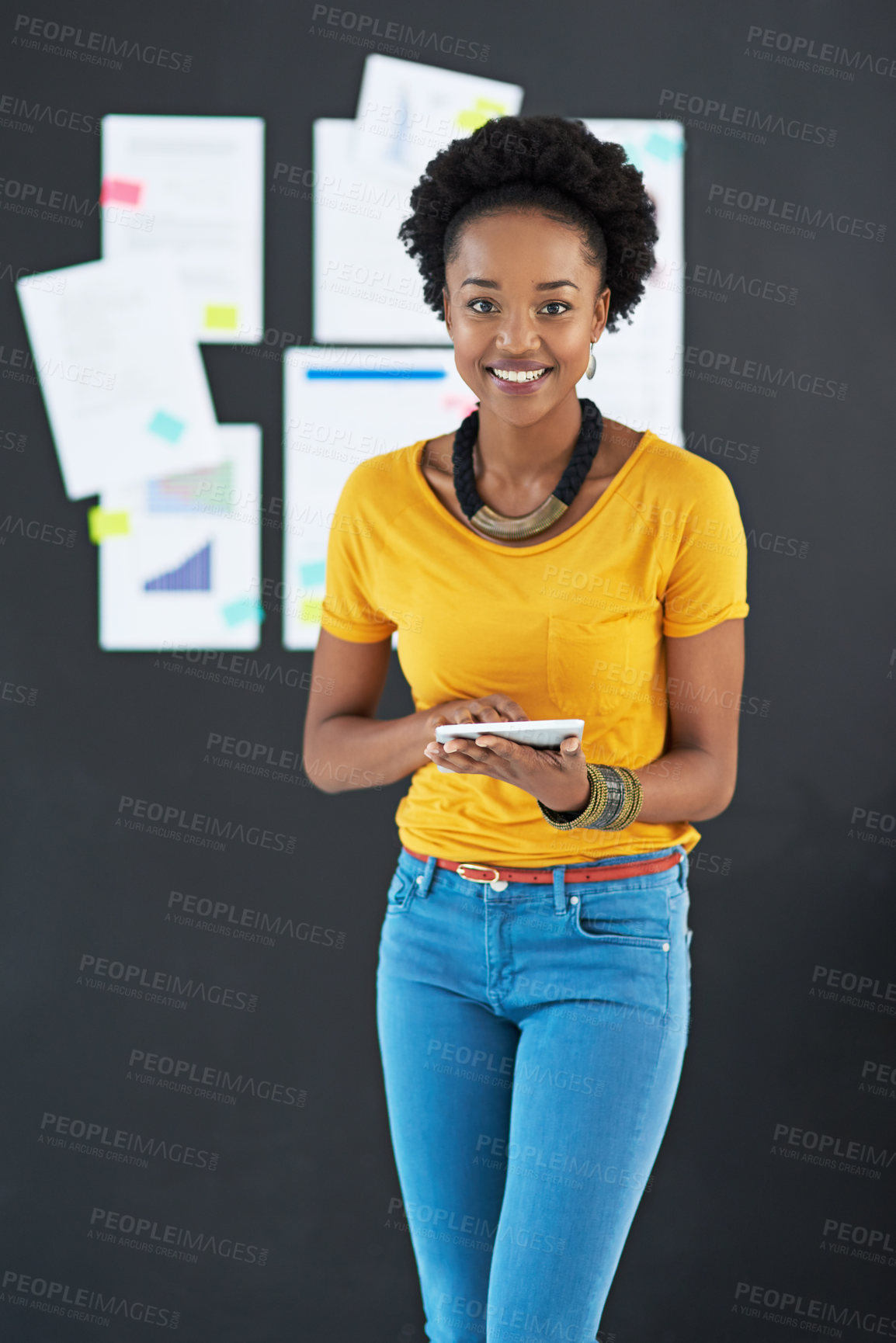 Buy stock photo Creative, portrait and business woman with tablet for brainstorming ideas, planning and research. Marketing project, female employee or graphic designer as career, technology and online in office