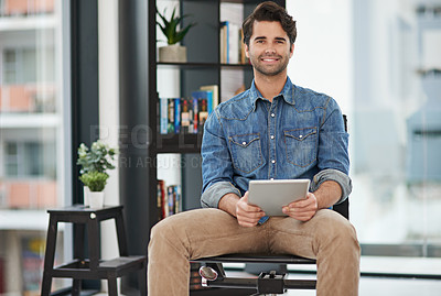 Buy stock photo Creative, portrait and business man with tablet for brainstorming ideas, planning and research. Digital project, male employee and graphic designer as career, technology and online in office