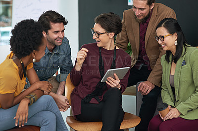 Buy stock photo Business, meeting and happy people with tablet in office for teamwork, collaboration and support with design project. Digital agency, review or group with mentor for training, feedback or app testing