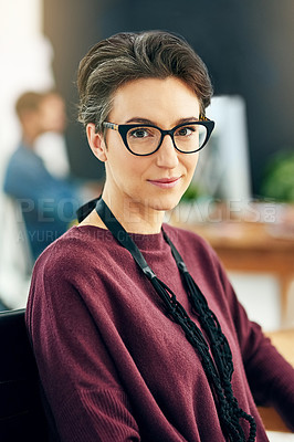 Buy stock photo Woman, portrait or confident designer at startup, company and creative office with lanyard or glasses. Female person, profession or face of entrepreneur in workplace or small business for opportunity