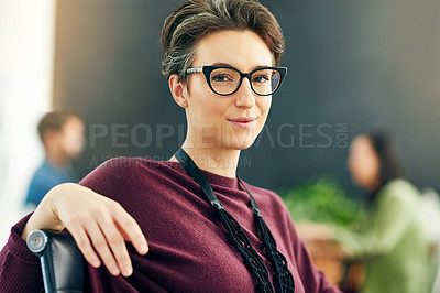 Buy stock photo Woman, portrait and creative designer in office with confidence for company, campaign or entrepreneur. Female person, face and glasses at startup in Australia for agency about us, business or career