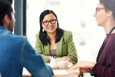 Buy stock photo Creative agency, planning and business people in meeting, portrait or teamwork for project brief. Group, staff and employees with smile, startup and cooperation with idea, support and brainstorming