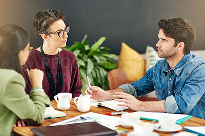 Buy stock photo Creative agency, planning and business people in meeting, teamwork or conversation for project brief. Group, staff or employees with partnership, startup or cooperation with idea, support or feedback