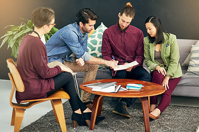 Buy stock photo Teamwork, creative and design meeting in office for company campaign with notes, brainstorming or partnership. Men, women and discussion at startup agency with documents, collaboration or proposal