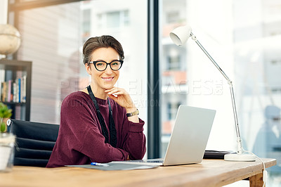 Buy stock photo Portrait, woman and laptop in office with confidence for career, job growth and opportunity. Female employee, happy and research content or creative ideas as editor for magazine or publication