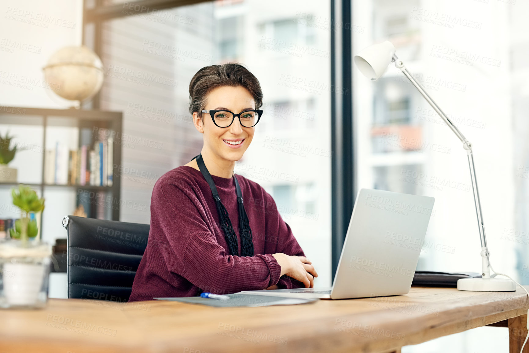 Buy stock photo Portrait, woman and laptop in office with happiness for career, job growth and opportunity in confidence. Female employee, happy and research for creative ideas as editor for magazine or publisher