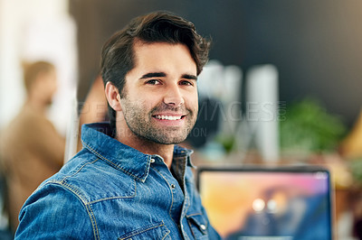 Buy stock photo Man, portrait and laptop for consultant in office, party and event planner in creative business. Male person, entrepreneur and small business owner in workplace, confidence and proud of opportunity