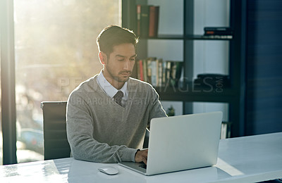 Buy stock photo Business, man and laptop with typing, office and financial advisor with investment and online reading for stock market. Email, corporate or professional with computer and accounting with economy news