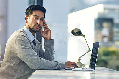 Buy stock photo Businessman, working or desk in office with laptop for law, research for court case or agreement. Male lawyer or table at workplace with computer for email, review for client with dispute in contract