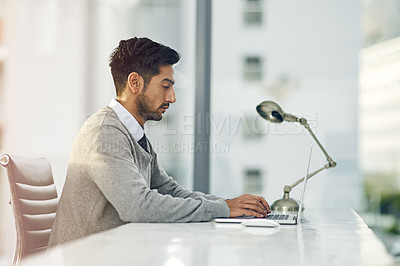 Buy stock photo Businessman, laptop and working on digital report for company, ceo and law firm in office by desk. Legal secretary, technology and typing for administration, support and documents for review by boss