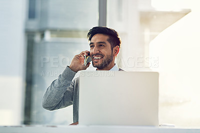 Buy stock photo Businessman, working or phone in office with laptop for law, call with conversation and smile. Male lawyer or workplace with computer and mobile for email, happiness for agreement in case with client