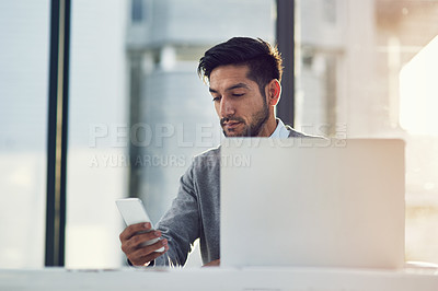 Buy stock photo Businessman, working or phone in office with laptop for law, research for court or agreement. Male lawyer or workplace with computer and mobile for email, review for client with dispute in contract