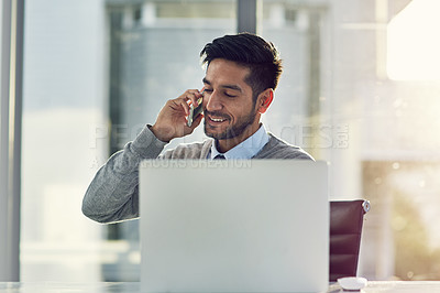 Buy stock photo Businessman, working or mobile in office with computer for law, call with conversation and smile. Male lawyer or workplace with laptop and phone for email, happiness for agreement in case with client
