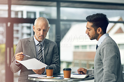 Buy stock photo Man, documents and business meeting in office for management, advice and teamwork with mentor. Lawyer, paper and coaching for strategy or project with leader, ceo and legal director in law firm