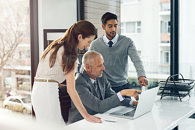 Buy stock photo Smile, group and business people on laptop for discussion, brainstorming or collaboration in office. Computer, team and planning at desk for project, strategy or financial agent in meeting with CEO