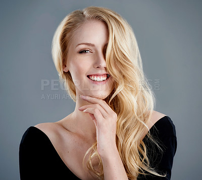 Buy stock photo Hair care, studio and portrait of woman with smile for salon treatment, growth and satisfaction. Relax, happy and person with confidence for healthy shine, shampoo and hairstyle on gray background